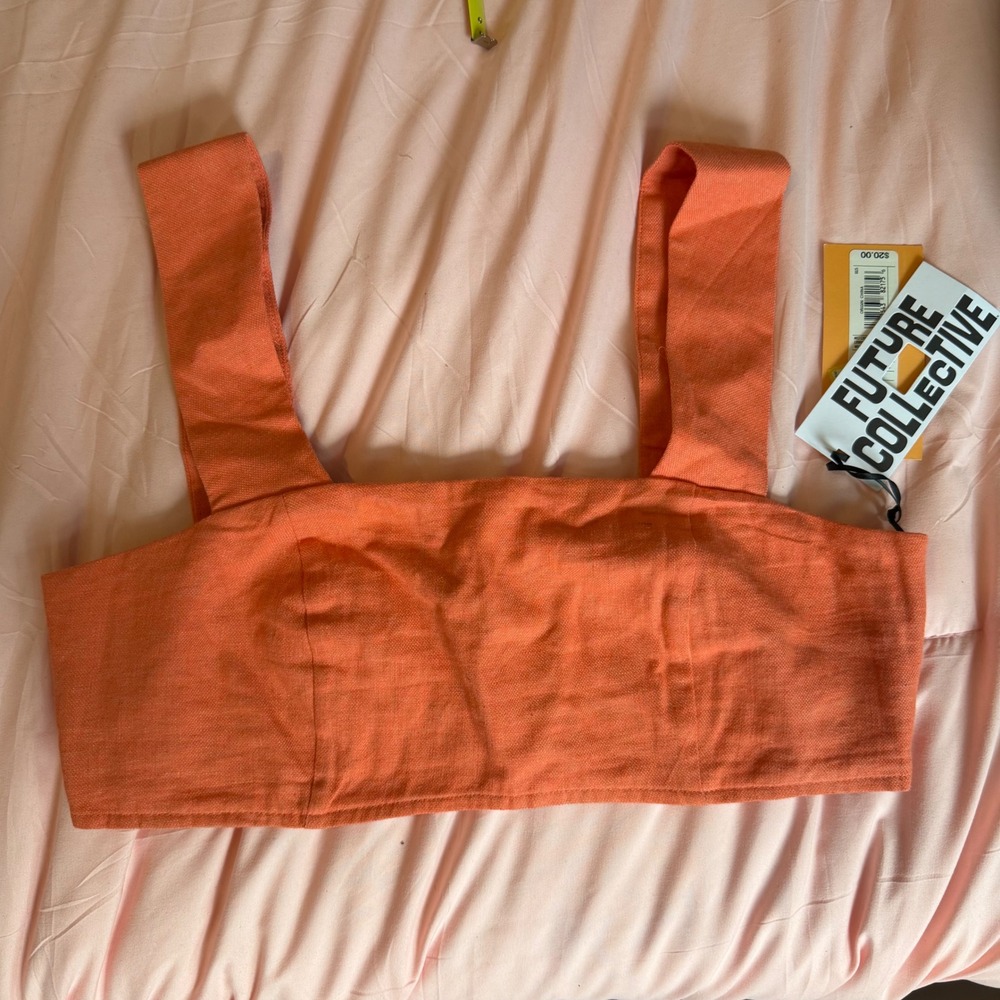 Future Collective Jenny K Lopez Orange Linen Blend Smocked Back Crop Top M NWT
